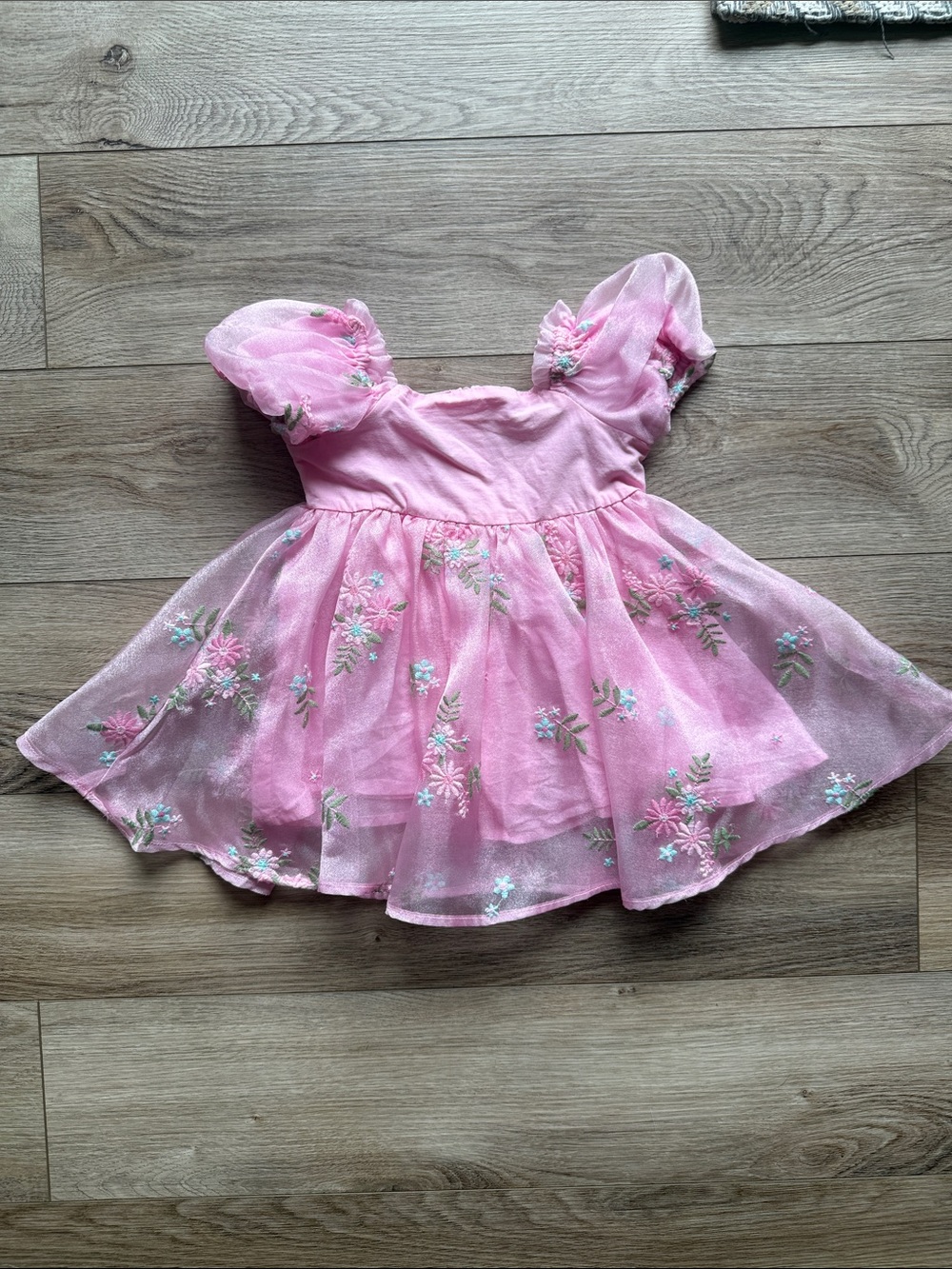 Girls Pink Puff-Sleeve Floral Party Dress